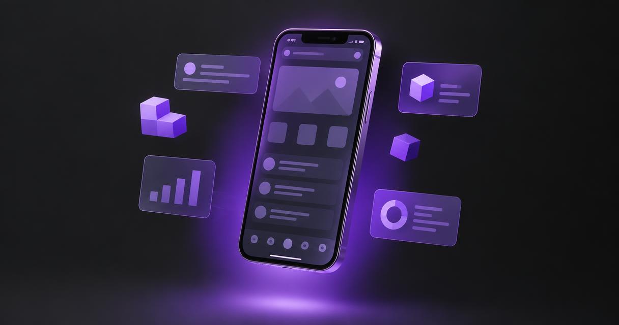 Smartphone com interface de aplicativo cercado por módulos de funcionalidades