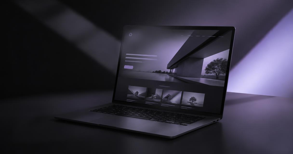 Notebook exibindo um site institucional elegante em ambiente escuro
